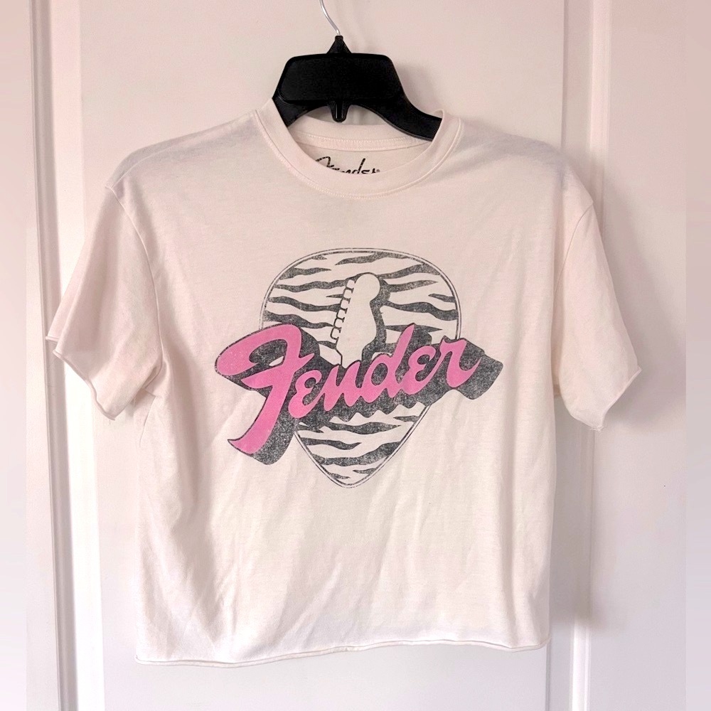 Fender Guitar Music Cropped White and Pink Zebra Graphic T-Shirt - Small